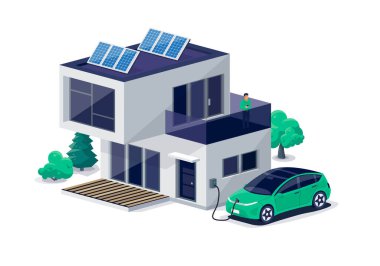 Modern ikametgah evindeki elektrikli araba park yeri şarj ediliyor. Çatıda fotovoltaik güneş panelleri olan enerji deposu. Yenilenebilir elektrik yedek şebekesi
