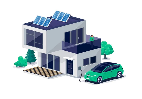 Elektrische Auto Parkeren Opladen Aan Muur Doos Oplader Station Moderne — Stockvector