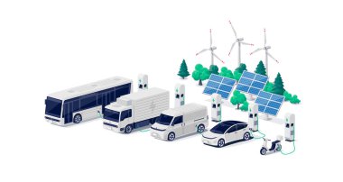 Şirket elektrikli araba filosu otoparka hızlı şarj istasyonu ve bir sürü şarj kabiniyle saldırıyor. Otobüs, kamyon, minibüs, motosiklet, iş araçları yenilenebilir güneş enerjisi şebekesinde.