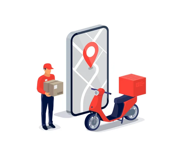 Livraison Rapide Par Service Courrier Colis Scooter Avec Suivi Smartphone — Image vectorielle