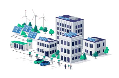 Şehir merkezinde ikamet eden akıllı sürdürülebilir eko şehir ve yenilenebilir batarya enerji deposu olan güneş enerjisi santrali. Evin, iş yerinin ve iş merkezinin yakınında elektrikli arabalar şarj ediliyor..