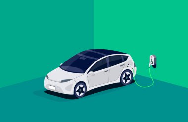 Ev şarj istasyonundaki yeraltı garajında elektrikli araba şarj oluyor. Batarya EV aracı duvar kutusuna bağlı. Güç kaynağı soketi ile yüklenen vektörü kapat. 
