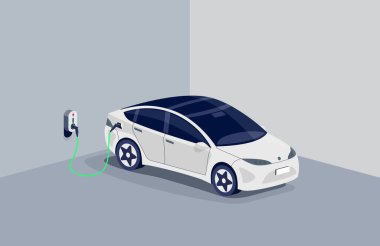 Ev şarj istasyonuna bağlı elektrikli araba yeraltı garajında şarj oluyor. Batarya EV aracı duvar kutusuna bağlı. Vektör illüstrasyonu güç kaynağı soketi ile yükleniyor. 