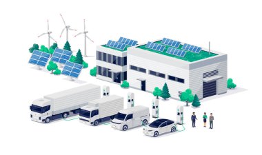 Şirket elektrikli araba filosu lojistik merkezindeki hızlı şarj istasyonuna saldırıyor. Kargo taşıma araçları yarı kamyon, kamyonet, iş yenilenebilir güneş enerjisi.
