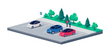 Boş ya da dolu park yerine park edilmiş modern arabalar ve araçların yanında konuşan insanlar. Yol otobanındaki dinlenme tesisinde. Beyaz arkaplanda vektör illüstrasyonu.