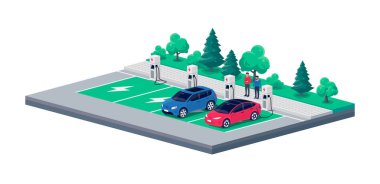 Şehir caddesinin yan tarafında elektrikli arabalar park halinde. Aracın yanında duran insanların konuştuğu park yeri. Şarj istasyonları otoparkı. Beyaz arkaplanda vektör illüstrasyonu.