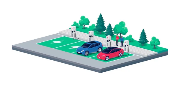 Ηλεκτρικά Αυτοκίνητα Κάθετα Τέλη Στάθμευσης Στην Άκρη Του Δρόμου Της — Διανυσματικό Αρχείο