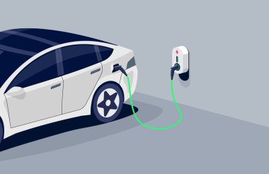 Ev şarj istasyonuna bağlı elektrikli araba yeraltı garajında şarj oluyor. Batarya EV aracı duvar kutusuna bağlı. Vektör illüstrasyonu güç kaynağı soketi ile yükleniyor. 