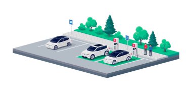 Electric cars perpendicular parking charging on city street road sideway. Dedicated spot and person standing talking near vehicle. Charger stations parking lot. Vector illustration on white background