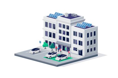 Elektrikli arabalar, şehir merkezindeki şehir merkezindeki yolda ofis binalarının yakınına park ediyorlar. Şarj istasyonlarının yanındaki kaldırımda duran insanlar..
