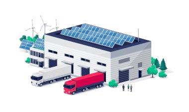 Depo lojistik merkezi ve kamyon boşaltma işlemi. Şirket işi kargo taşıma araçları. Yenilenebilir güneş enerjisi enerji fabrikası. Perakende satış dağıtımı.