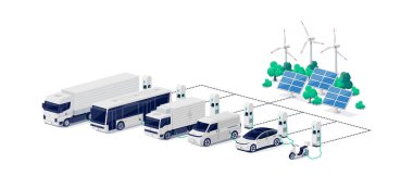 Şirket elektrikli araba filosu otoparka şarj istasyonu ve bir sürü şarj kabiniyle saldırıyor. Otobüs, tır, minibüs, motosiklet, iş araçları yenilenebilir güneş enerjisi şebekesinde.