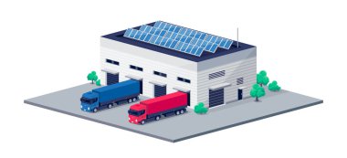 Depo lojistik merkezi ve kamyon boşaltma işlemi. Şirket işi kargo taşıma araçları. Fabrikanın çatısında yenilenebilir güneş enerjisi. Perakende satış dağıtımı.