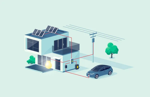 Thuis Elektriciteit Regeling Met Batterij Energie Opslagsysteem Moderne Huis Fotovoltaïsche — Stockvector