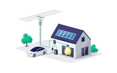 Modern ev fotovoltaik güneş panelleri ve şarj edilebilir li-ion yedekleme üzerine pil enerji depolama sistemi ile ev elektrik şeması. Elektrikli araba yenilenebilir akıllı güç şebekesi dışında şarj ediliyor.