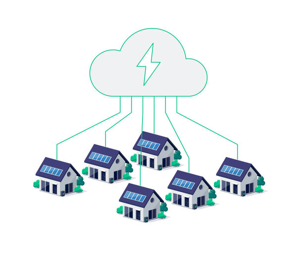 Главная виртуальная электростанция аккумуляторная батарея хранения энергии с жилым домом фотоэлектрических солнечных панелей на крыше и перезаряжаемых Ли-ионного резервирования электроэнергии. Возобновляемые интеллектуальные облачные системы управления.