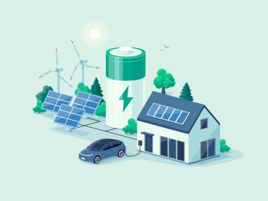 Ev fotovoltaik güneş panelleri fabrikası, rüzgar ve şarj edilebilir Li-ion elektrik yedeklemesi olan sanal batarya enerji deposu. Elektrikli araba yenilenebilir akıllı güç adası sisteminde şarj oluyor..
