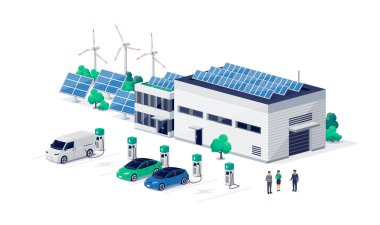 Şirket elektrikli araba filosu lojistik merkezindeki şarj istasyonuna saldırıyor. Nakliye aracı ve iş araçları yenilenebilir güneş enerjisini fabrika binasından şarj ediyorlar.