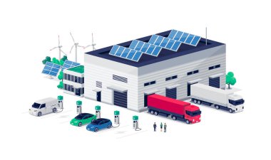 Şirket elektrikli araba filosu lojistik merkezindeki şarj istasyonuna saldırıyor. Nakliye kamyonu boşaltılıyor. Yenilenebilir güneş enerjisi enerji fabrikası. Perakende satış dağıtımı