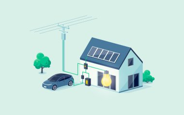 Modern ev fotovoltaik güneş panelleri ve şarj edilebilir li-ion yedekleme üzerine pil enerji depolama sistemi ile ev elektrik şeması. Elektrikli araba yenilenebilir akıllı güç şebekesi dışında şarj ediliyor.