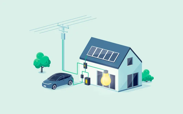 Thuis Elektriciteit Regeling Met Batterij Energie Opslagsysteem Moderne Huis Fotovoltaïsche — Stockvector