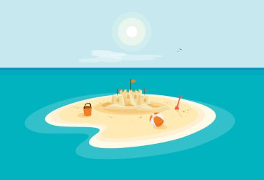 Kumlu sahilde kumdan kalesi olan ıssız bir ada mavi denizin ortasında okyanus suyu ve arka planda yaz güneşli gökyüzü. Tatilde bırakılmış oyuncaklarla ıssız bir ada. Minimalist çizgi film düz vektörü.