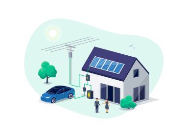 Modern ev fotovoltaik güneş panelleri ve şarj edilebilir li-ion yedekleme üzerine pil enerji depolama sistemi ile ev elektrik şeması. Elektrikli araba yenilenebilir akıllı güç şebekesi dışında şarj ediliyor.