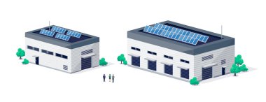 Depo lojistik merkezi ve kamyon yükleme için kapılar. Şirket kargo taşıma binaları. Fabrikanın çatısında yenilenebilir güneş enerjisi. Perakende satış dağıtımı.