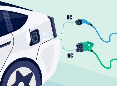 Opened electric car socket charger detail. Charging with AC alternating or DC direct current. Mennekes type 2 ccs combo plug cable options. Slow or fast vehicle charging. Different connector types. 