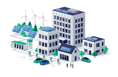 Şehir merkezinde ikamet eden akıllı sürdürülebilir eko şehir ve yenilenebilir batarya enerji deposu olan güneş enerjisi santrali. Evin, iş yerinin ve iş merkezinin yakınında elektrikli arabalar şarj ediliyor..