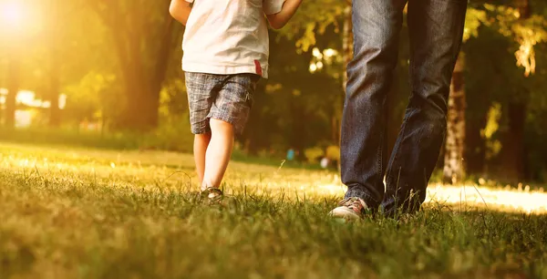 Father and son walking across the lawn in the park — Stock Photo, Image