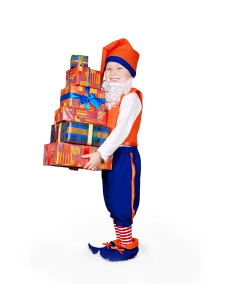 Little gnome with gift boxes — Stok fotoğraf