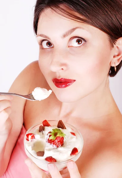Lady with strawberry dessert — Stock Photo, Image