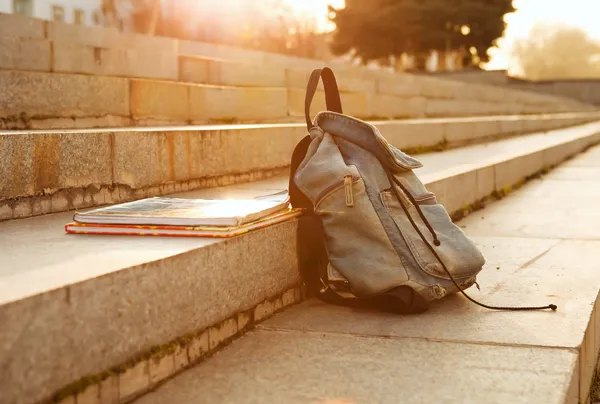 Old denim school backpack — Stock Photo, Image