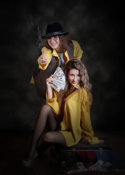 Two fashionable girls portrait in gangster style — Stock Photo, Image