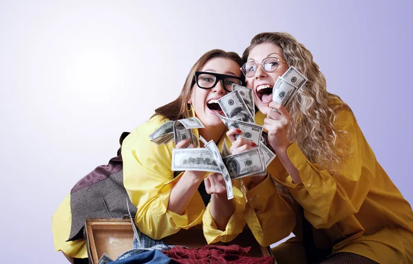 Incredibly happy girls with money win — Stok Foto