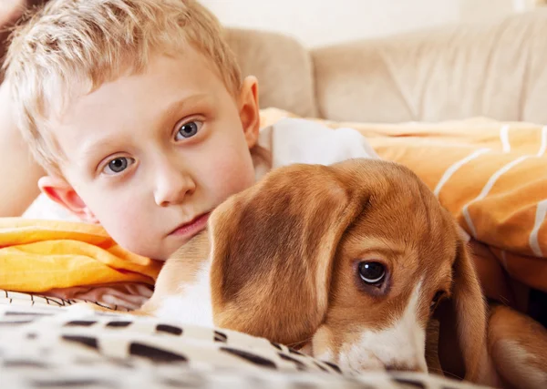 子犬のクローズ アップの肖像画少年 — ストック写真