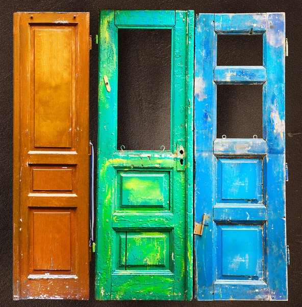 Three colored old wooden doors — Stock Photo, Image