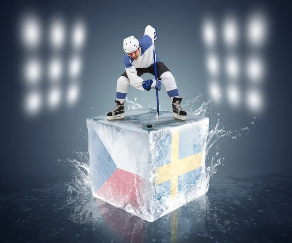 Hockey player on the cube with Czech Republic and Norway flags — Stock Photo, Image