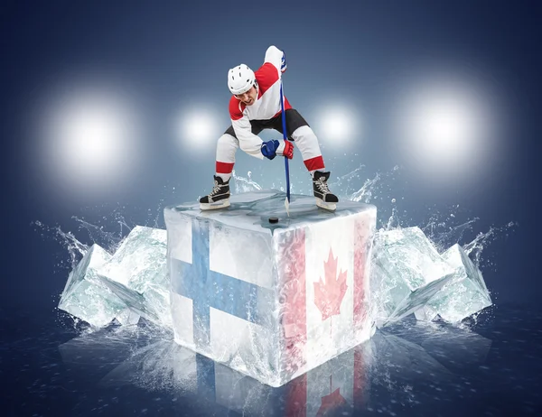 Finland - Canada game. Face-off player on the ice cube. — Stock Photo, Image