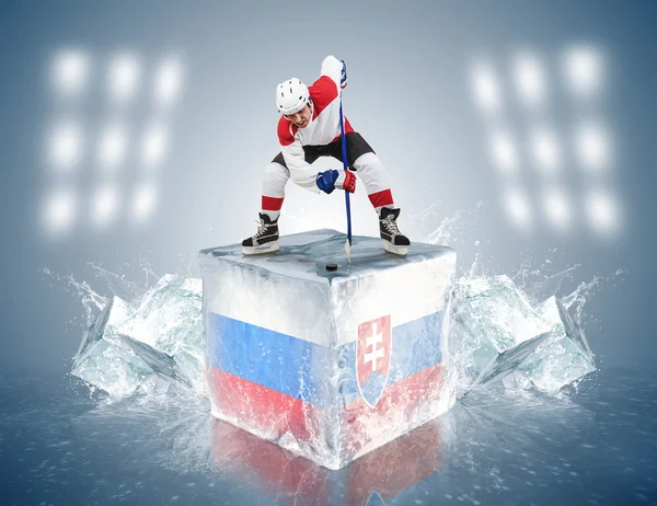 Russia - Slovakia game. Face-off player on the ice cube.