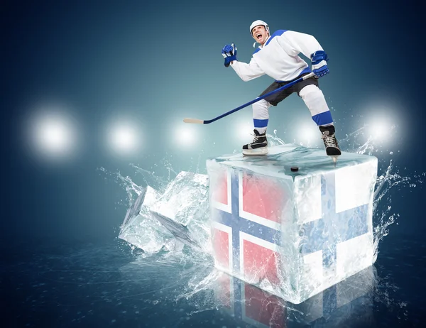 Norway - Finland game. Spunky hockey player on ice cube — Stock Photo, Image