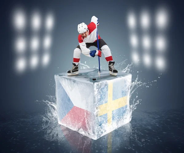 Tsjechische Republiek - Zweden spel. Face-off speler op het ijsblokje. — Stockfoto