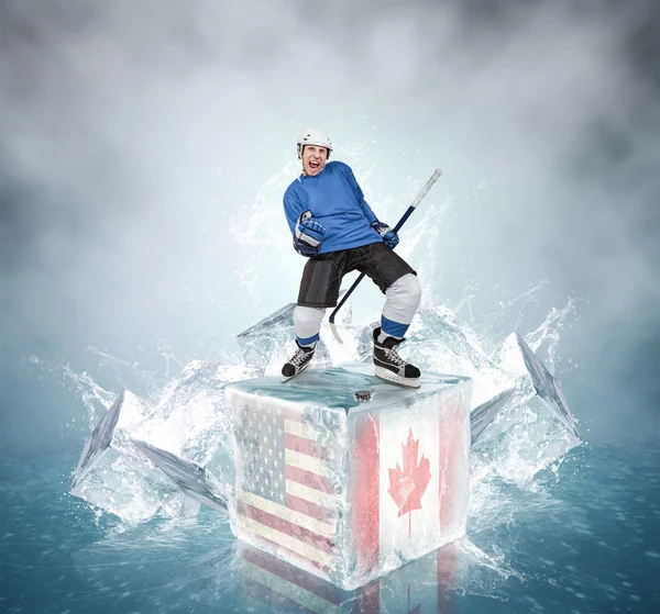 Screaming hockey player on abstract ice cubes background — Stok Foto