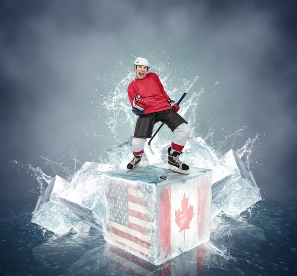Ječící hokejista na pozadí abstraktní ledové kostky — Stock fotografie