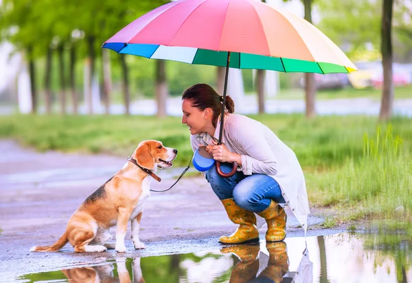 Mulher com seu cachorro beagle — Fotografia de Stock