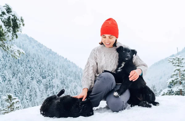 Karlı Dağlarda Iki Köpeğini Gezdiren Kalın Elbiseli Genç Bir Kadın — Stok fotoğraf