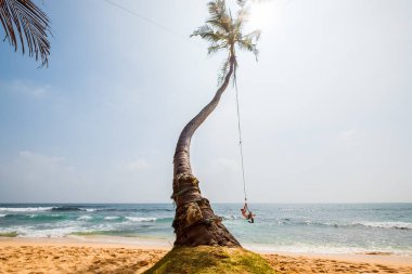 Sahilde salıncakta sallanan neşeli genç çocuk. Sri Lanka Adası egzotik tatil konsepti geniş açı görüntüsü.
