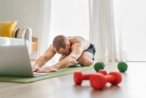 Fit Sporty Healthy Man Gym Mat Childs Balasana Resting Yoga — Stock Photo, Image