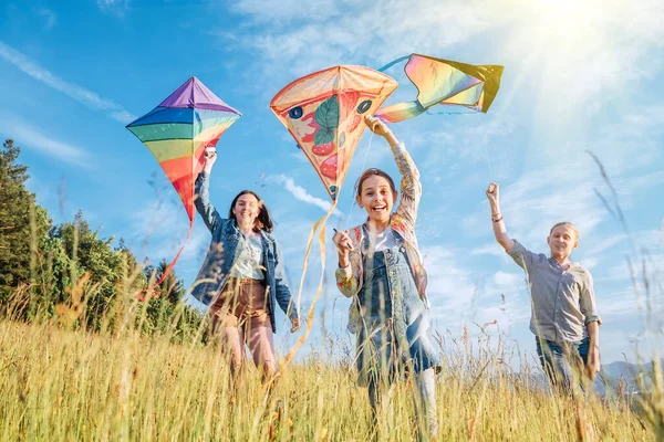 Branquias Sonrientes Hermano Chico Corriendo Con Volando Cometas Colores Prado — Foto de Stock